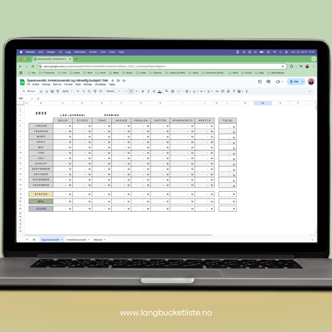Budsjettmal inkl. spare- og inntektsoversikt | Google Sheets