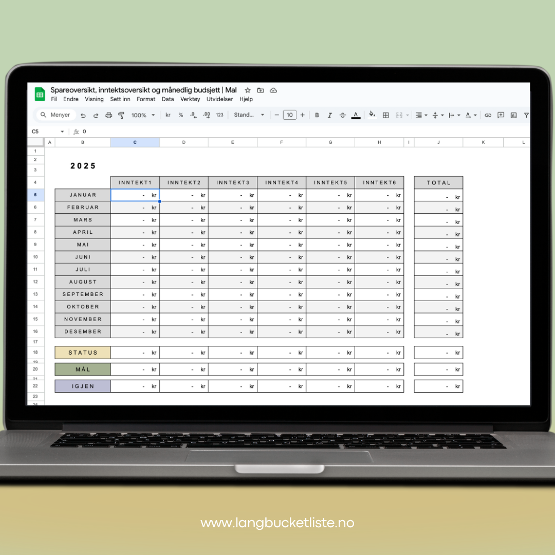 Budsjettmal inkl. spare- og inntektsoversikt | Google Sheets