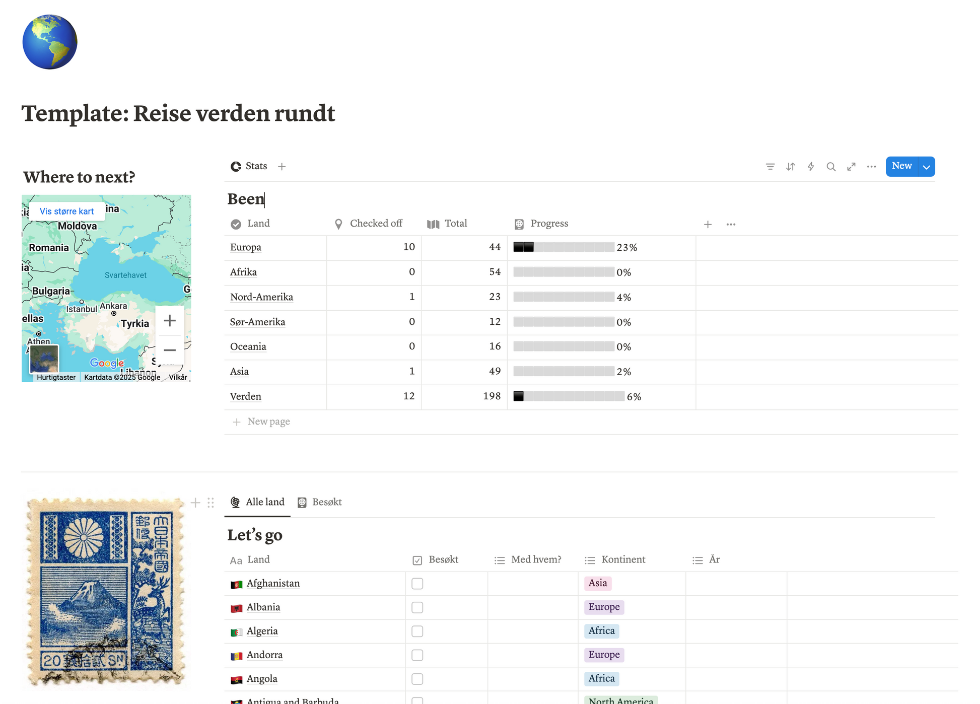 Reise verden rundt-template | Notion