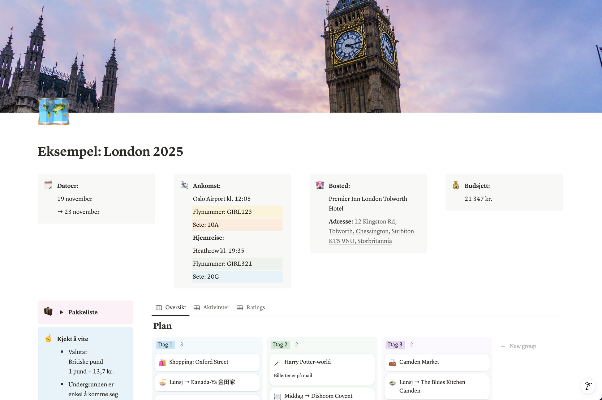 Reise verden rundt-template | Notion