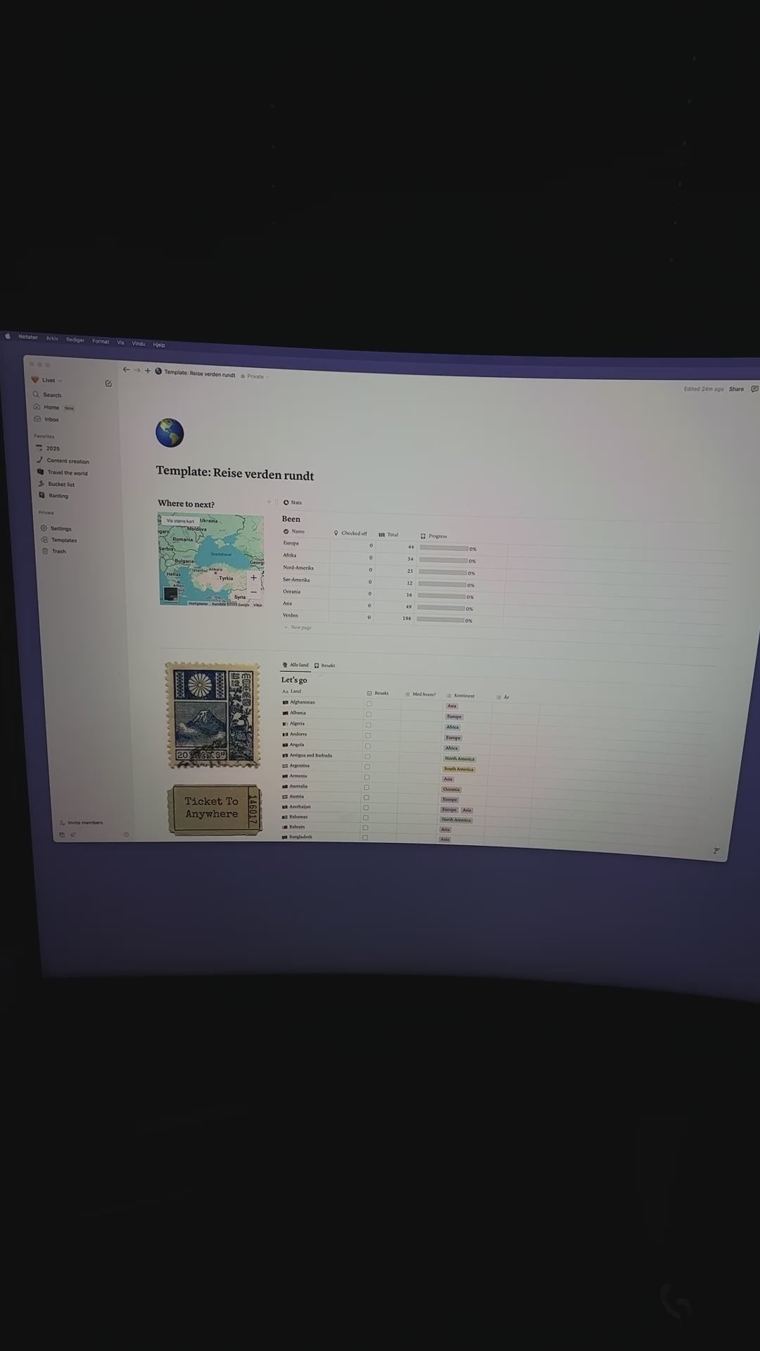 Reise verden rundt-template | Notion